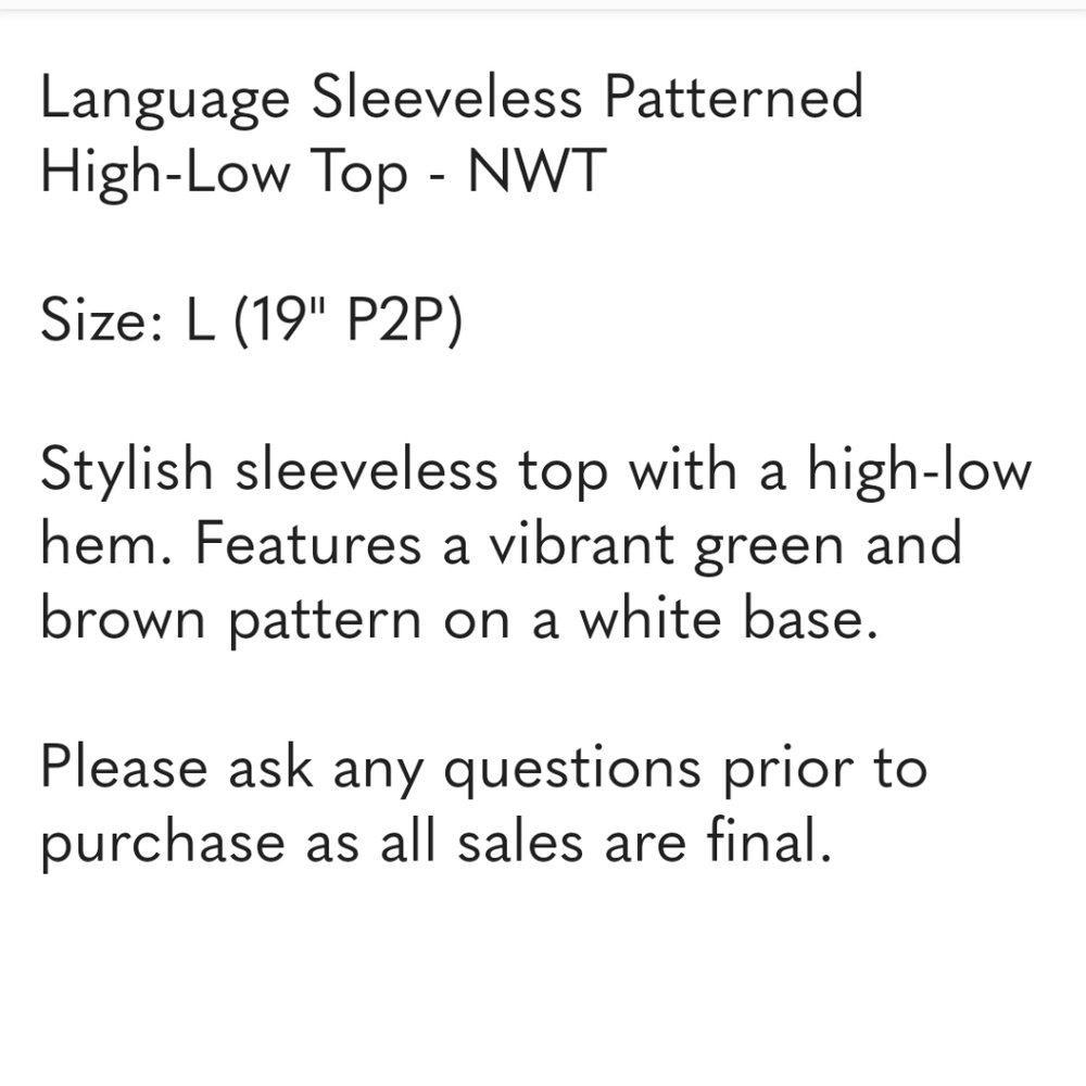 Language Sleeveless Patterned High-Low Top - NWT - Picture 3 of 4